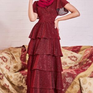 Goddiva Modesty Sequin Lurex Tiered Maxi Dress - Wine