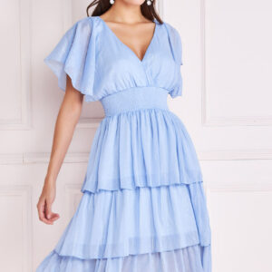 Goddiva Plain Lurex Chiffon Tiered Dress - Light Blue