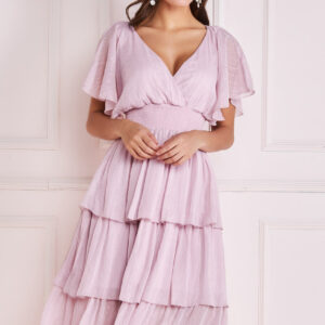 Goddiva Plain Lurex Chiffon Tiered Dress - Pink