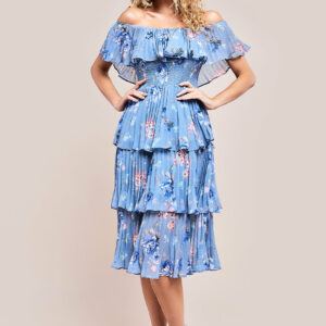 Goddiva Pleated Bodice Chiffon Tiered Midi Dress - Blue