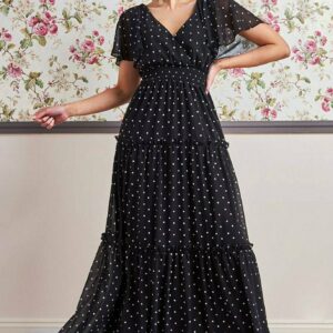 Goddiva Polka Dot Tiered Chiffon Maxi Dress - Black