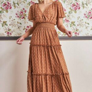 Goddiva Polka Dot Tiered Chiffon Maxi Dress - Brown