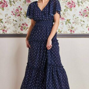 Goddiva Polka Dot Tiered Chiffon Maxi Dress - Navy