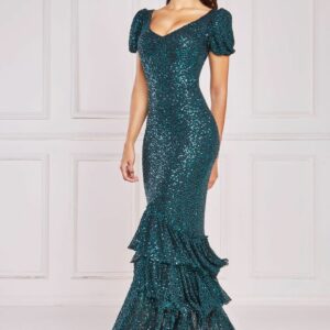 Goddiva Puff Sleeve Tiered Hem Maxi Dress - Emerald Green