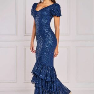 Goddiva Puff Sleeve Tiered Hem Maxi Dress - Navy