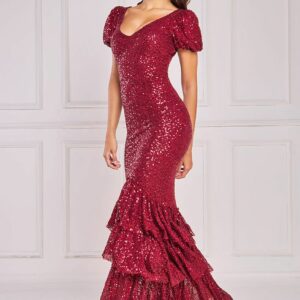 Goddiva Puff Sleeve Tiered Hem Maxi Dress - Wine