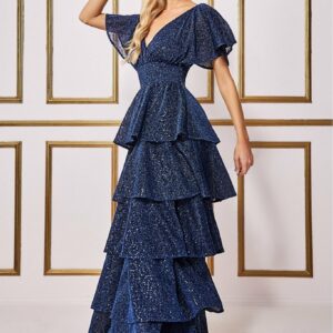 Goddiva Sequin Lurex Tiered Maxi Dress - Navy