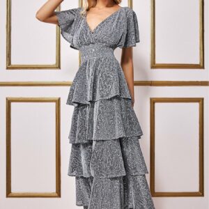 Goddiva Sequin Lurex Tiered Maxi Dress - Silver