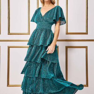 Goddiva Sequin Lurex Tiered Maxi Dress - Teal Blue