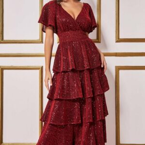 Goddiva Sequin Lurex Tiered Maxi Dress - Wine