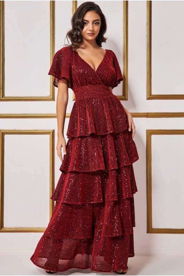 Goddiva Sequin Lurex Tiered Maxi Dress - Wine