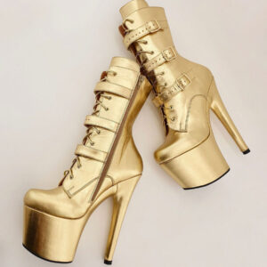 Gold Sexy Boots Metallic Round Toe Platform Zipper Buckle Lace Up Boots Plus Size Pole Dance Shoes Gold Stripper Heels