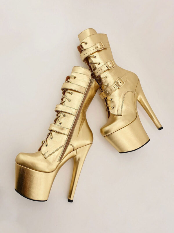 Gold Sexy Boots Metallic Round Toe Platform Zipper Buckle Lace Up Boots Plus Size Pole Dance Shoes Gold Stripper Heels