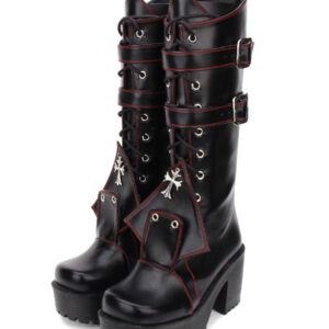 Gothic Lolita Boots Grommet Cross Lace Up Buckle Platform Chunky High Heel Black Lolita Shoes