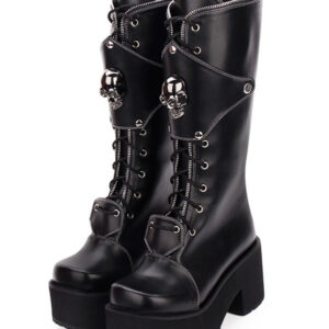 Gothic Lolita Boots Skull Lace Up Platform Chunky Heel Black Lolita Shoes