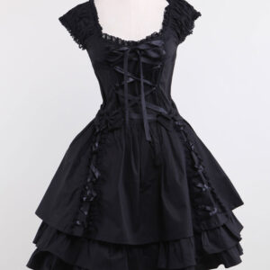 Gothic Lolita Dress OP Black Square Neck Short Sleeve Ruffle Tiered Lolita One Piece Dress