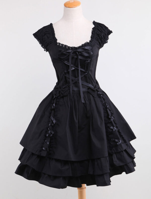 Gothic Lolita Dress OP Black Square Neck Short Sleeve Ruffle Tiered Lolita One Piece Dress