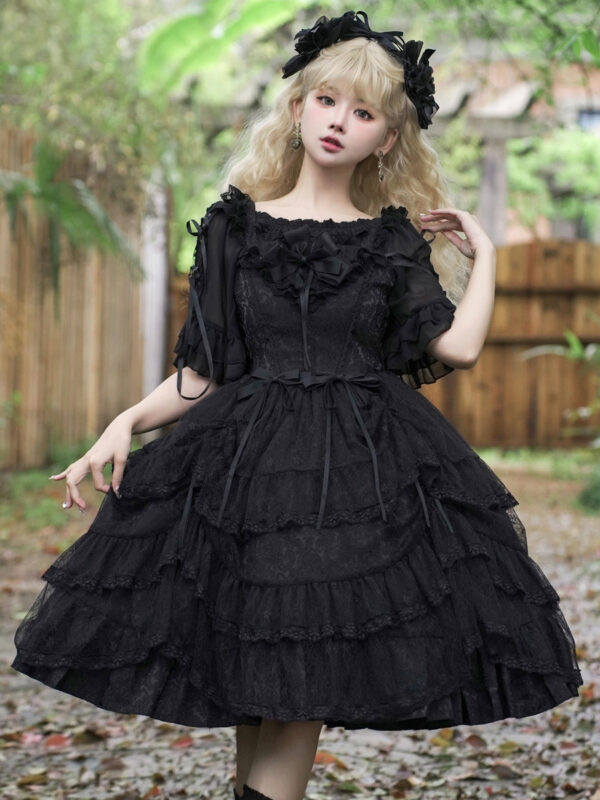 Gothic Lolita Dresses Ruffles Tiered Lace Black Black