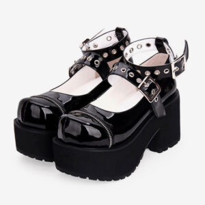 Gothic Lolita Pumps Black Platform Chunky Heel Leather Lolita Shoes