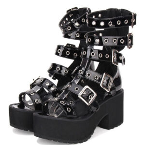 Gothic Lolita Sandal Grommet Buckle Platform Chunky Heel Black Lolita Shoes