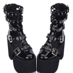 Gothic Lolita Sandal Grommet Buckle Platform Glazed Black Lolita Shoes