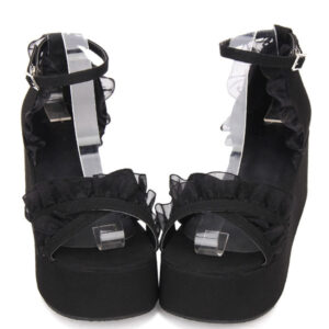 Gothic Lolita Sandals Ruffle Ankle Strap Platform Wedge Heel Black Lolita Shoes