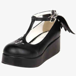 Gothic Lolita Shoes Black Platform Crux T-Strap Lolita Shoes With Evil Wing