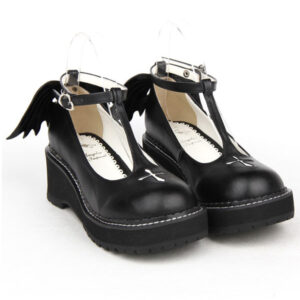 Gothic Lolita Shoes Cross Platform Wedge T-strap Lolita Shoes With Evil Wing