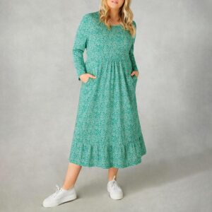 Green Ditsy Leaf Cotton Slub Tiered Midi Dress