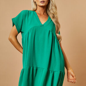 Green V-Neck Tiered Frill Mini Dress - Kate - One Size