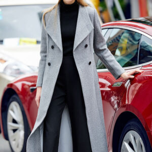 Grey Pea Coat Long Sleeve Turndown Collar Shaping Women Wool Coats