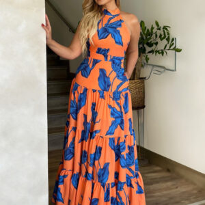 Halter Dress Printed Tiered Ruffles Casual Summer Resort Maxi Dresses