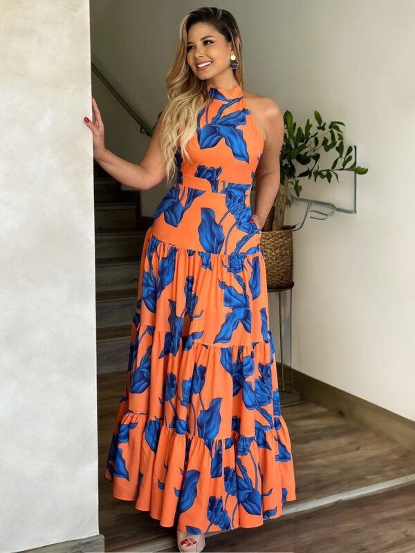 Halter Dress Printed Tiered Ruffles Casual Summer Resort Maxi Dresses