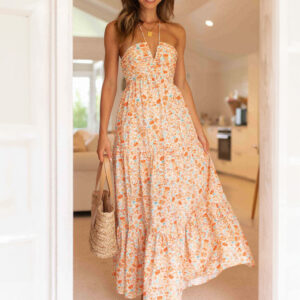 Halter Dress V-Neck Floral Printed Tiered Boho-Inspired Summer Dresses