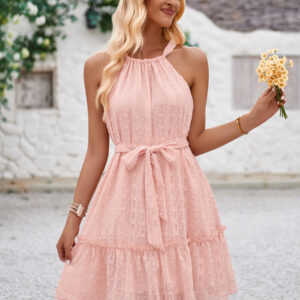 Halter Short Dress Belted Knotted Tiered Summer Daily Casual Dresses