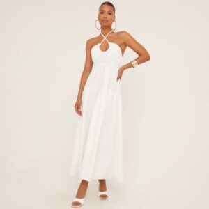 Halterneck Keyhole Cut Out Tiered Maxi Dress In White, Women's Size UK Small S