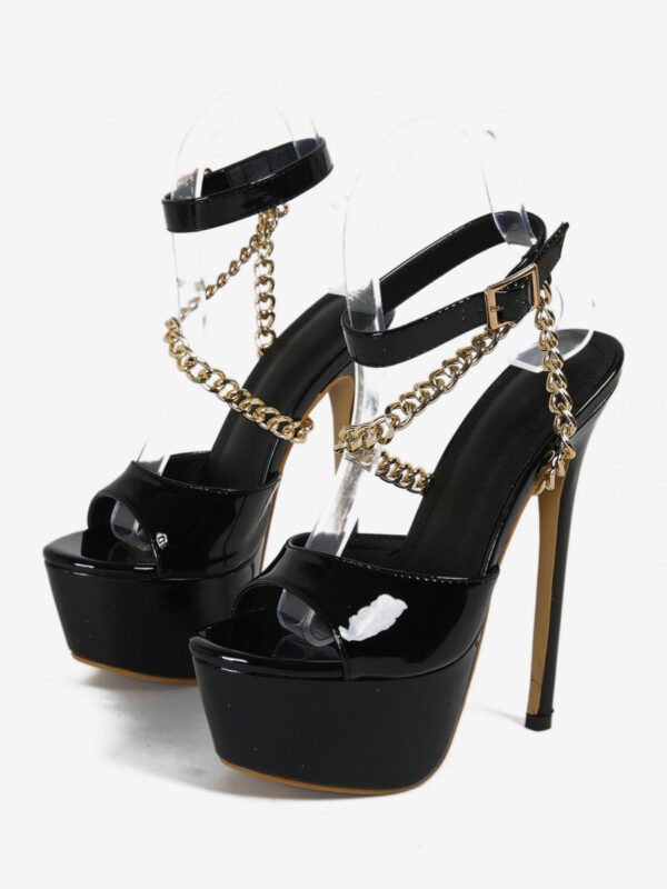 High Heel Sexy Sandals Black Platform Chain Detail Ankle Strap Sexy Shoes