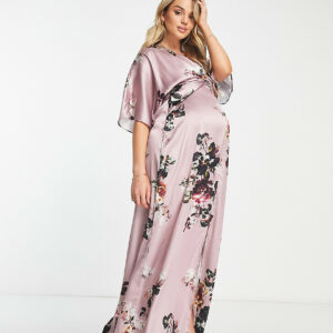 Hope & Ivy Maternity kimono sleeve satin maxi dress in mauve-Brown