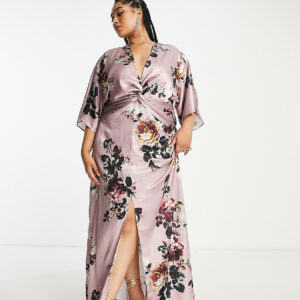 Hope & Ivy Plus kimono sleeve satin maxi dress in mauve-Brown