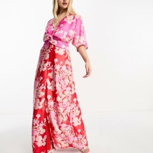 Hope & Ivy kimono sleeve contrast floral maxi dress in pink and red-Multi