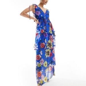 Hope & Ivy tie shoulder maxi dress with tiered skirt in cobalt floral-Blue