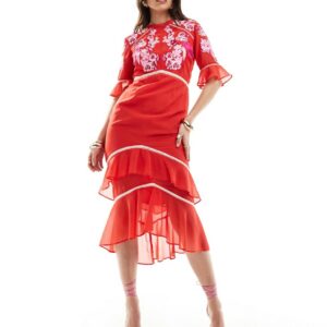 Hope & Ivy tiered midi dress with peplum in red with white embroidery