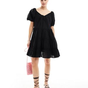 Iisla & Bird puff sleeve mini broderie tiered beach dress in black