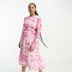 In The Style Plus chiffon side cut out tiered midi dress in pink floral-Multi