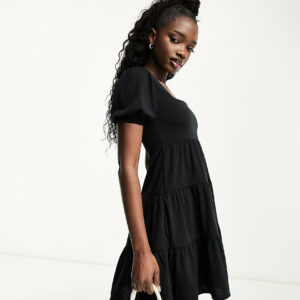 In The Style exclusive tiered mini dress with shirred back detail in black