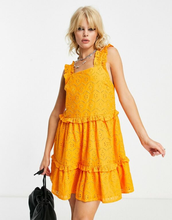 Influence broderie tiered mini dress in orange