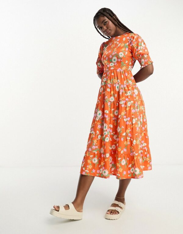 Influence tiered midi dress in orange floral print