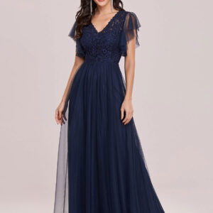 Ink Blue Prom Dress A-Line V-Neck Tulle Short Sleeves Backless Floor-Length Pageant Dresses