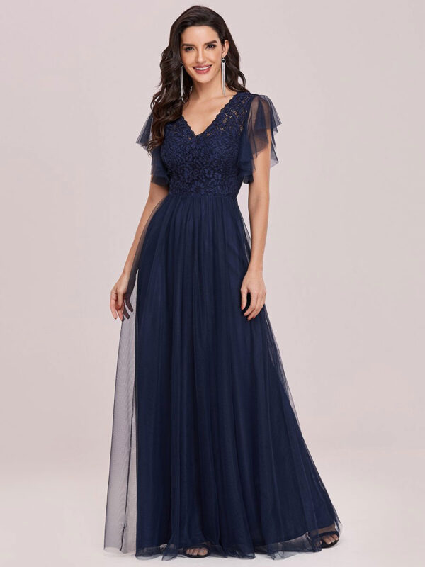 Ink Blue Prom Dress A-Line V-Neck Tulle Short Sleeves Backless Floor-Length Pageant Dresses