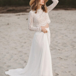 Ivory Two-piece Dress Lace Jewel Neck A-Line Floor-Length Backless Long Sleeves Free Customization